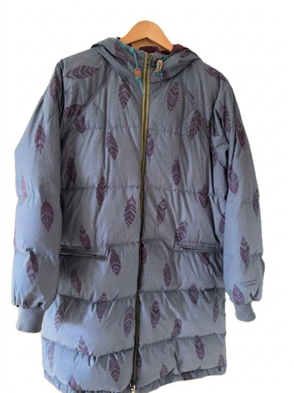 Gudrun Sjoden Blue-Gray Natural Fiber Hooded Down Coat, Barely Worn, Size Medium